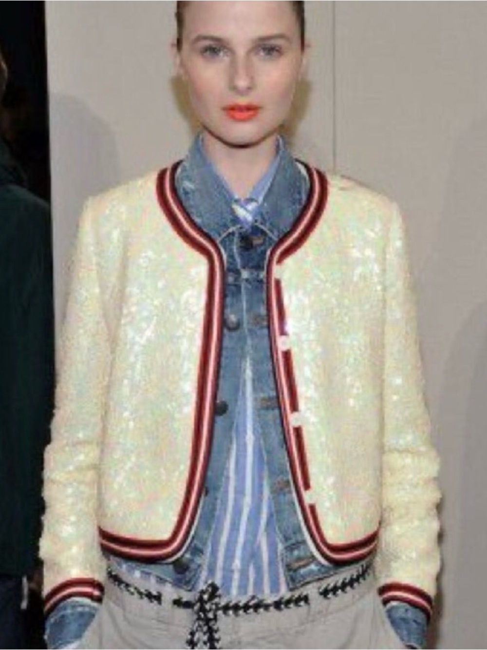 J.Crew Collection Ivory Tweed Sequin Bomber Blazer with Burgundy and Black Trim